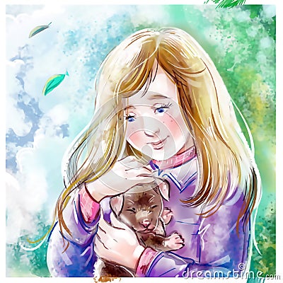 portrait of teen girl character and her small puppy Stock Photo