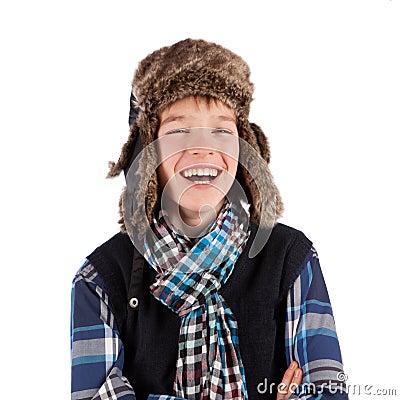 Portrait of teenager wearing fur hat Stock Photo