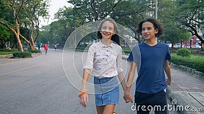 Portrait Of Teenagers Boy And Girl Walking In Nature In A Big Park With Pleasure Brother And Sister Twins Are Walking Stock Video Video Of Runner Leisure