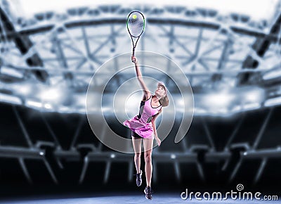 Portrait of a tennis player in a pink dress against the background of a sports arena. Olympic Games concept Stock Photo