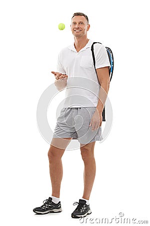 Portrait, tennis sports and man in studio isolated on a white background for exercise. Training, athlete and mature male Stock Photo