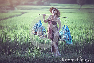 Portrait of Thai young woman farmer Stock Photo