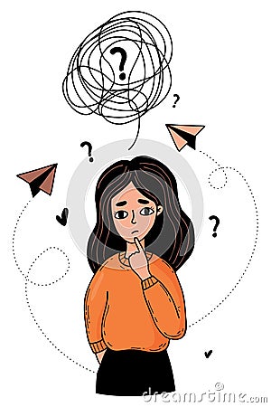 Portrait thoughtful confused girl, confused thoughts and tangled tangle with question mark, problem solving. Vector Vector Illustration