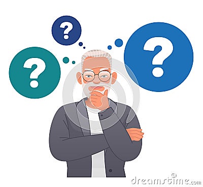 Portrait of a thoughtful gray-haired businessman. A smart, thinking grandfather who solves problems. An old man with glasses, Vector Illustration