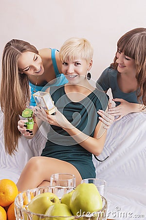 Portrait of Three Caucasian Girlfriends With Teeth Brackets Equipment Having Fun Stock Photo