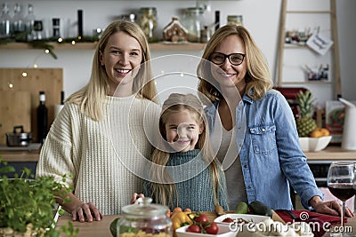 Portrait of three generations of women in kitchen during Christmas time Stock Photo