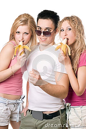 Portrait of three playful smiling young people Stock Photo