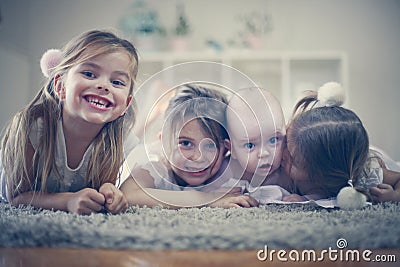 Portrait three sisters with baby brother. Close up. Stock Photo