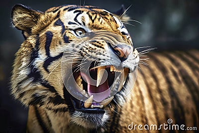 Portrait of a tiger with aberrantly large fangs almost like a saber-toothed tiger with an aggressive gaze and an open mouth, made Stock Photo