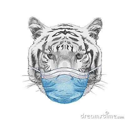 Portrait of Tiger with face mask. Hand-drawn illustration. Cartoon Illustration