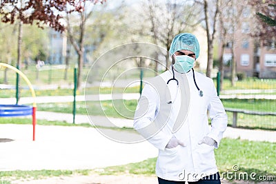 Portrait of a Tired Exhausted Male Caucasian Doctor in Front of a Park Stock Photo