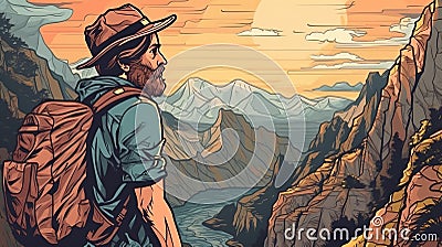 Portrait of a tourist marveling at a breathtaking natural wonder. Fantasy concept , Illustration painting Stock Photo