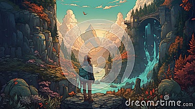 Portrait of a tourist marveling at a breathtaking natural wonder. Fantasy concept , Illustration painting Stock Photo