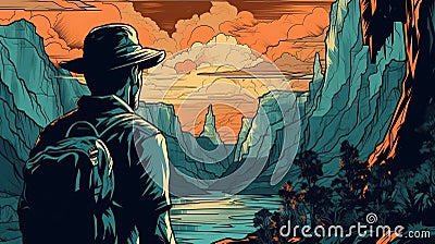 Portrait of a tourist marveling at a breathtaking natural wonder. Fantasy concept , Illustration painting Stock Photo