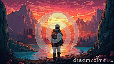 Portrait of a tourist marveling at a breathtaking natural wonder. Fantasy concept , Illustration painting Stock Photo