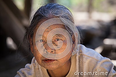 Portrait tribe tattooed Chin woman. Mrauk U, Myanmar Editorial Stock Photo