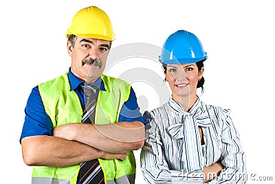 Portrait of two architects team with hard hat Stock Photo