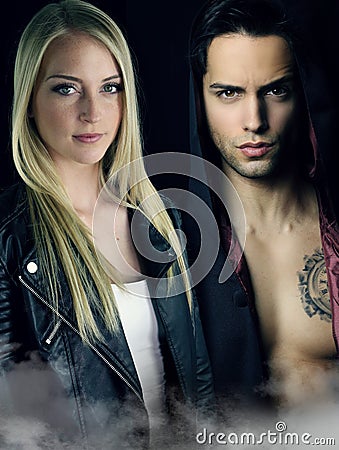 Portrait of a two attractive vampires Stock Photo