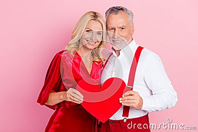 Portrait of two beautiful handsome tender spouses bonding holding heart shape isolated over pink pastel color background Stock Photo