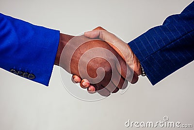 Portrait of two businessmen shaking hands in a business meeting on white background in studio shot Stock Photo