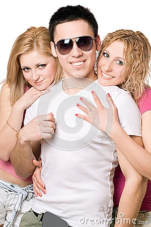 Portrait of a two cheerful blonde women with young man Stock Photo
