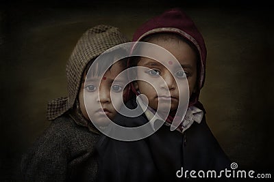 Portrait of two children from Bikaner India. Editorial Stock Photo