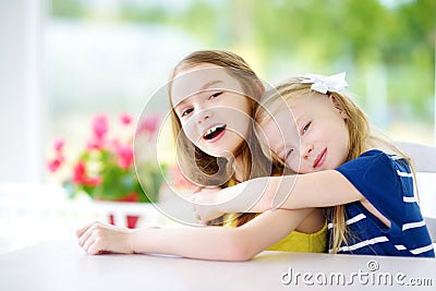 Portrait of two cute little sisters at home on beautiful summer day Stock Photo