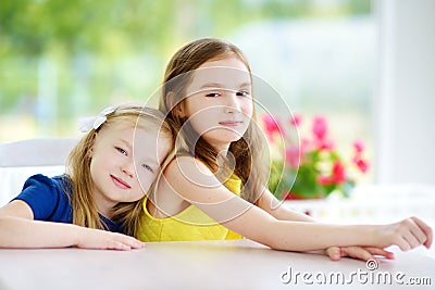 Portrait of two cute little sisters at home on beautiful summer day Stock Photo