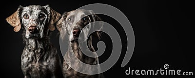 Portrait of two dogs looking at the camera. Animals on a dark black background. Advertising illustration. Cartoon Illustration