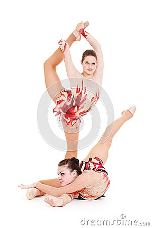 Portrait of two flexible beautiful gymnasts Stock Photo