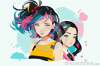 Portrait of two girls. Friends, sisters. Teenagers, schoolgirls. Vector illustration on a light background. Vector Illustration