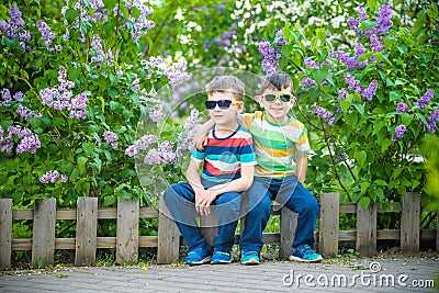 Portrait of two little brothers sitting on small fence in bushes of lilac wearing casual style clothes Stock Photo