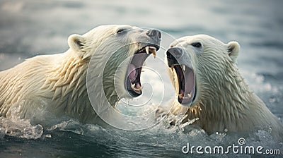 portrait of two polar bears fighting in water on ice showing teeth Stock Photo
