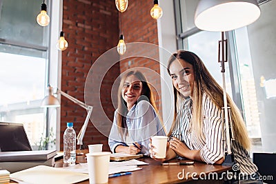 Portrait of two pretty smiling young women looking at camera sitting at work desk. Female freelancers working at home Stock Photo