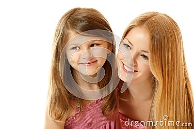 Portrait of two sisters happy smiling child and teen looking t Stock Photo