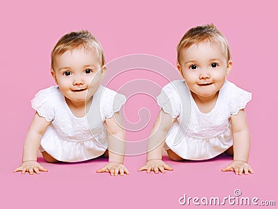 Portrait of two sweet twins baby crawls Stock Photo