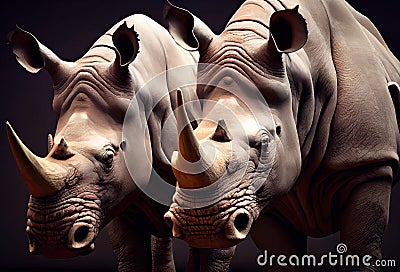 Portrait of two wild african rhinos.Generative Ai Art. Dark gray studio background Stock Photo