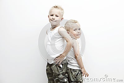 Portrait of two young brothers in studio Stock Photo