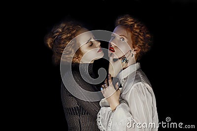 Portrait of two Young girls fashion models with gorgeous curly Stock Photo