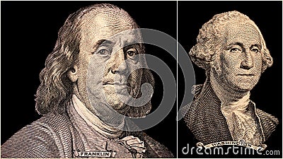 Portrait of U.S. Presidents Benjamin Franklin and George Washington Stock Photo