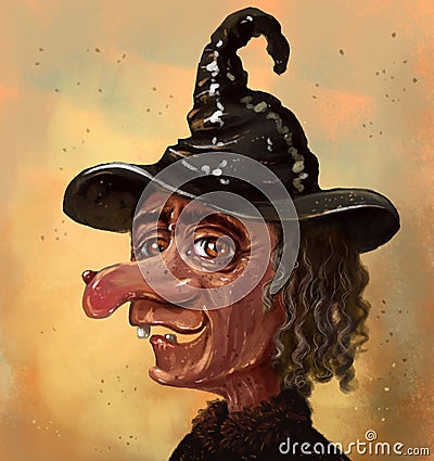 Illustration of a portrait of an ugly old witch laughing with a toothless mouth. An old woman in a black witch`s hat, with a larg Stock Photo