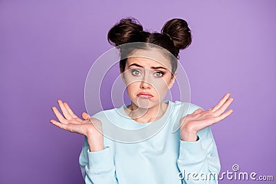 Portrait of unaware disappointed girl teenager have no answer difficult choice decision solution shrug shoulder wear Stock Photo