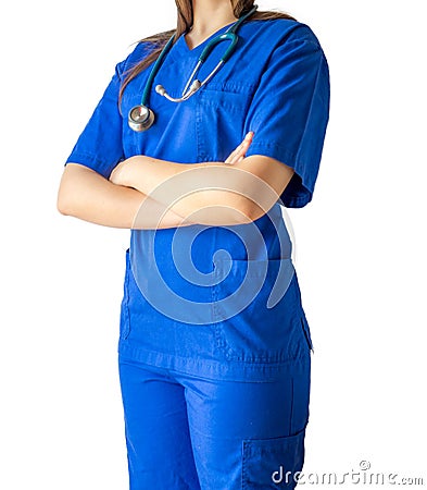 Portrait of an unknown young doctor in blue medical uniform with Stock Photo