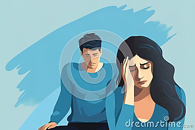 Portrait of upset woman with closed eyes in foreground after quarrel with her husband Cartoon Illustration