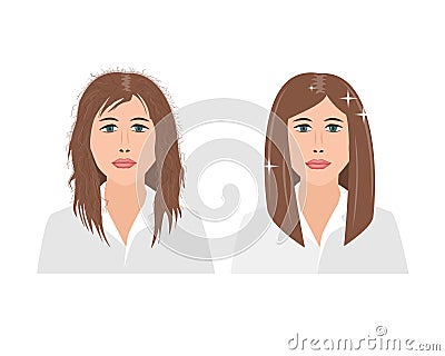 Portrait of upset young woman woman with damaged and fluffy hair before an after keratin straightening treatment. Vector Vector Illustration