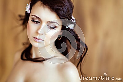 Portrait of a very cute sensual beautiful girls brunette with cl Stock Photo