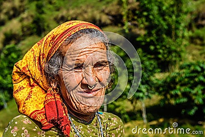 Portrait of a very old farmer woman in Nepal Editorial Stock Photo