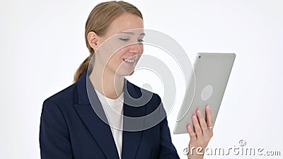 Video Call on Tablet by Young Businesswoman on White Background Stock Photo