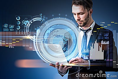 Portrait view of beard businessman working with laptop, blue glowing information protection icons. Padlock, globe and digital Stock Photo