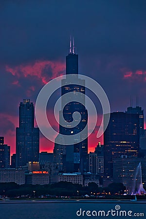 Portrait view of Chicago skyscrapers during evening sunset, seen from Lake Michigan. Editorial Stock Photo